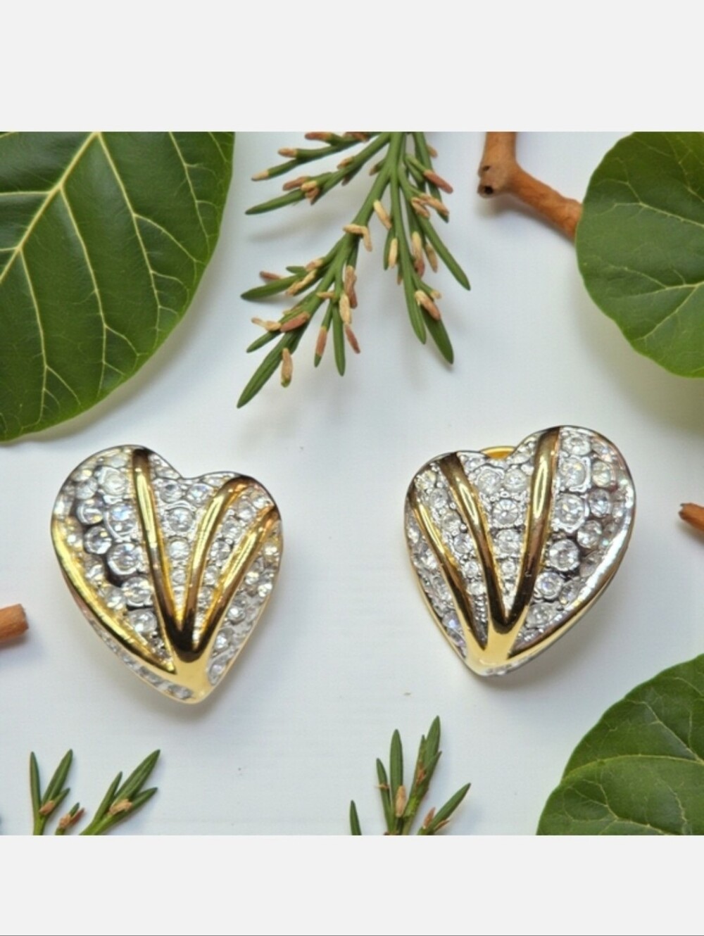 Nolan Miller Vintage Gold and Clear Crystal Puffy Heart Clip-on Earrings